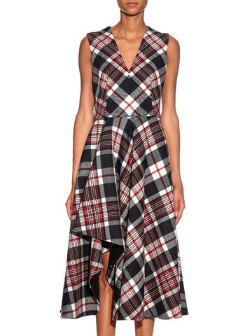 Tartan-check wool fluted midi dress
