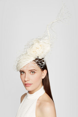 Veiled parasisal straw and organza headpiece