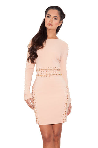 'Anuki' Nude Long Sleeve Dress With Chain Details