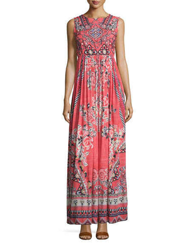 Sleeveless Embellished Multi-Print Maxi Dress, Red